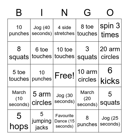 Fitness Bingo Card