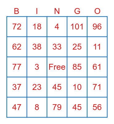 NUMBER Bingo Card
