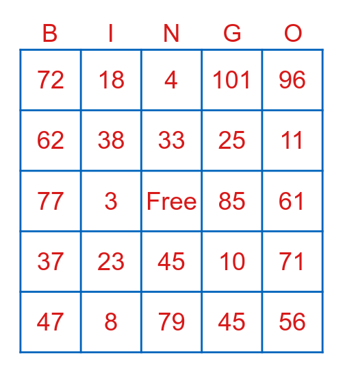 NUMBER Bingo Card