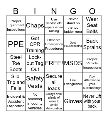 Safety BIngo Card