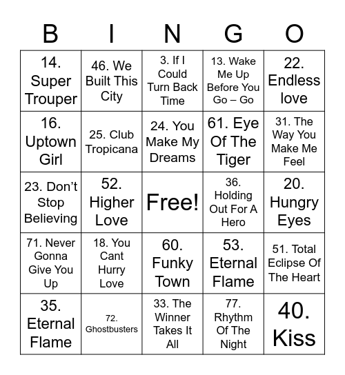 80s Bingo Card