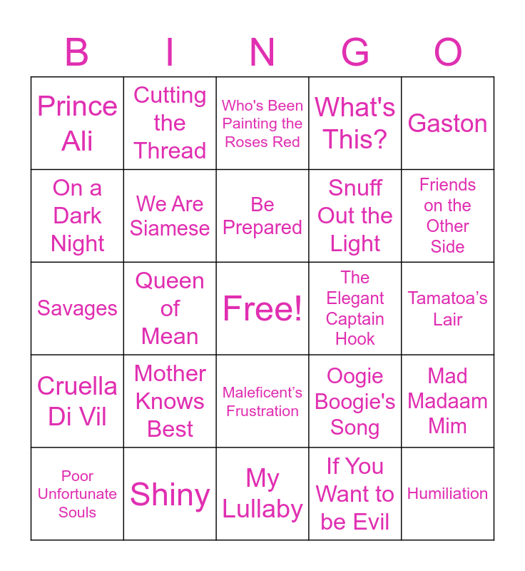 Evil Disney Villains Bingo Card