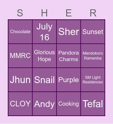 Sher's Bridal Shower Bingo Card