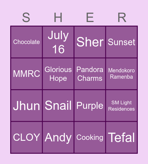 Sher's Bridal Shower Bingo Card