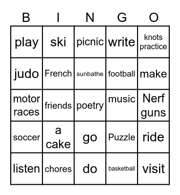 Activities Bingo Card