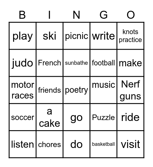 Activities Bingo Card