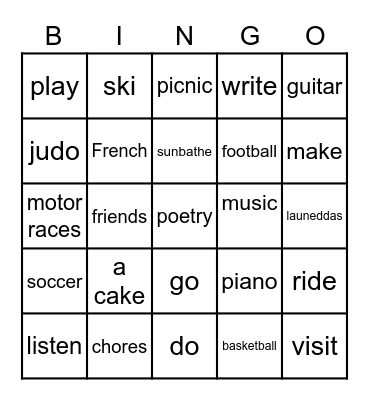 Activities Bingo Card