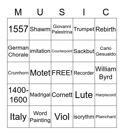 Renaissance Bingo Card