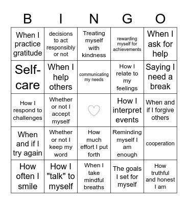Things I Can Control Bingo Card