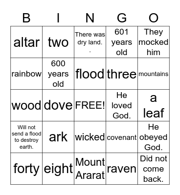 Noah and the Ark Bingo Card