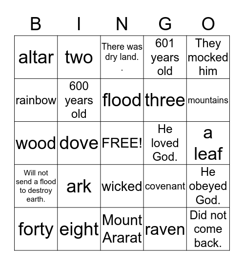 Noah and the Ark Bingo Card