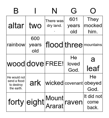 Noah and the Ark Bingo Card