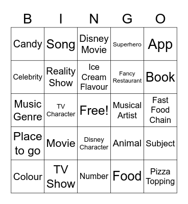 Favourites Bingo Card