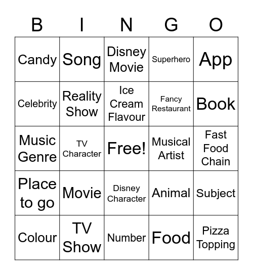 Favourites Bingo Card