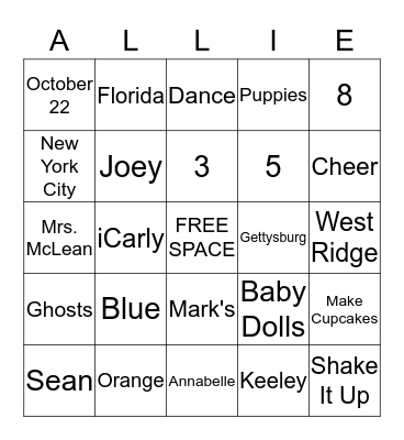 Allie's Birthday BINGO Card