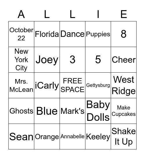 Allie's Birthday BINGO Card