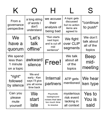 Kohl's Call Bingo Card