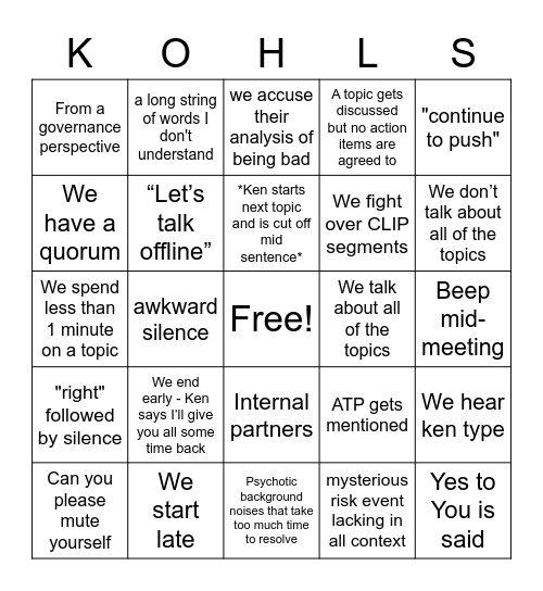 Kohl's Call Bingo Card