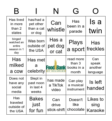 Delaware Food Works Get to Know You! Bingo Card
