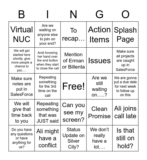 IHG Conference Call Bingo Card