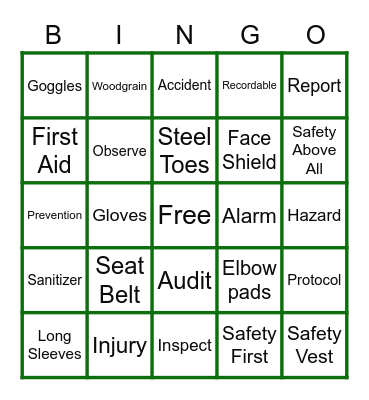 SAFETY ABOVE ALL Bingo Card