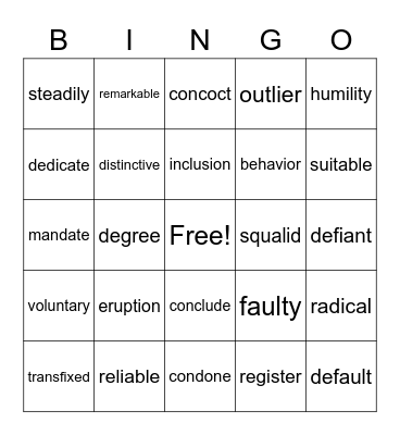 Omaha Public Library Vocabulary Bingo Card