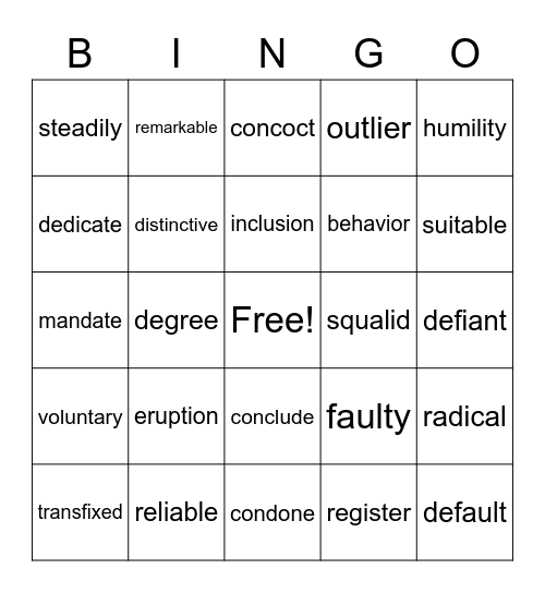 Omaha Public Library Vocabulary Bingo Card