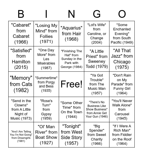 Bingo- Broadway Edition Bingo Card