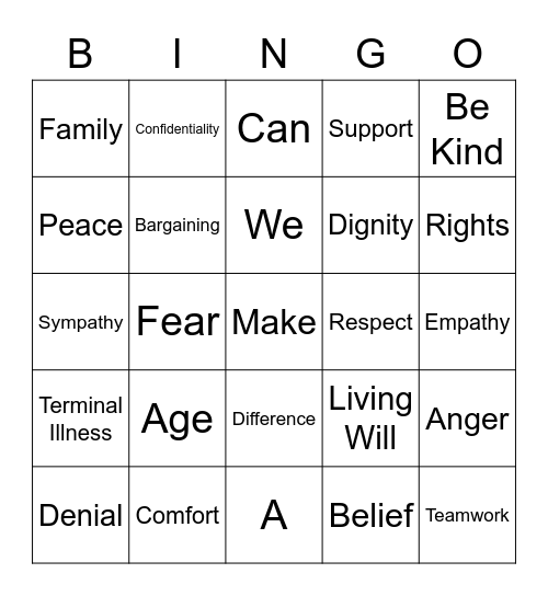 Comfort Care Bingo Card