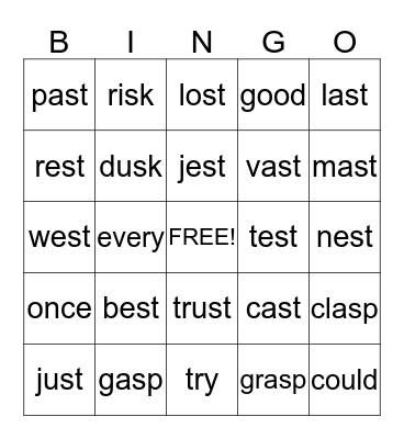 Final s-blends Bingo Card