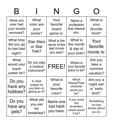 Personality Bingo Card