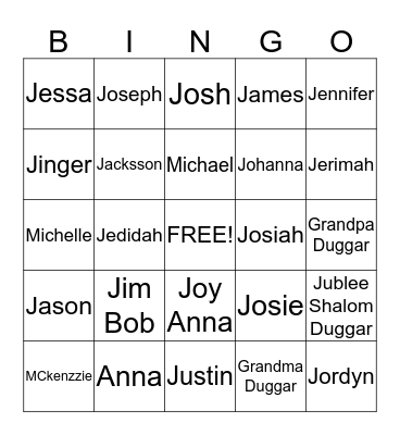 19 Kids & Counting Bingo Card