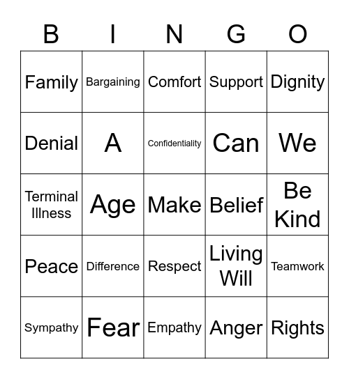 End of Care Bingo Card