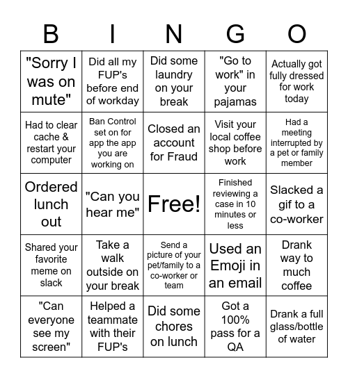 Remote Work Balck-Out Bingo! Bingo Card