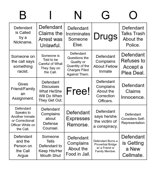 Jail Call Bingo Card