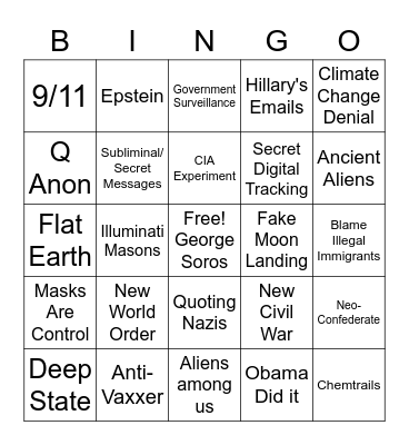 Moronic Conspiracy Theories Bingo Card