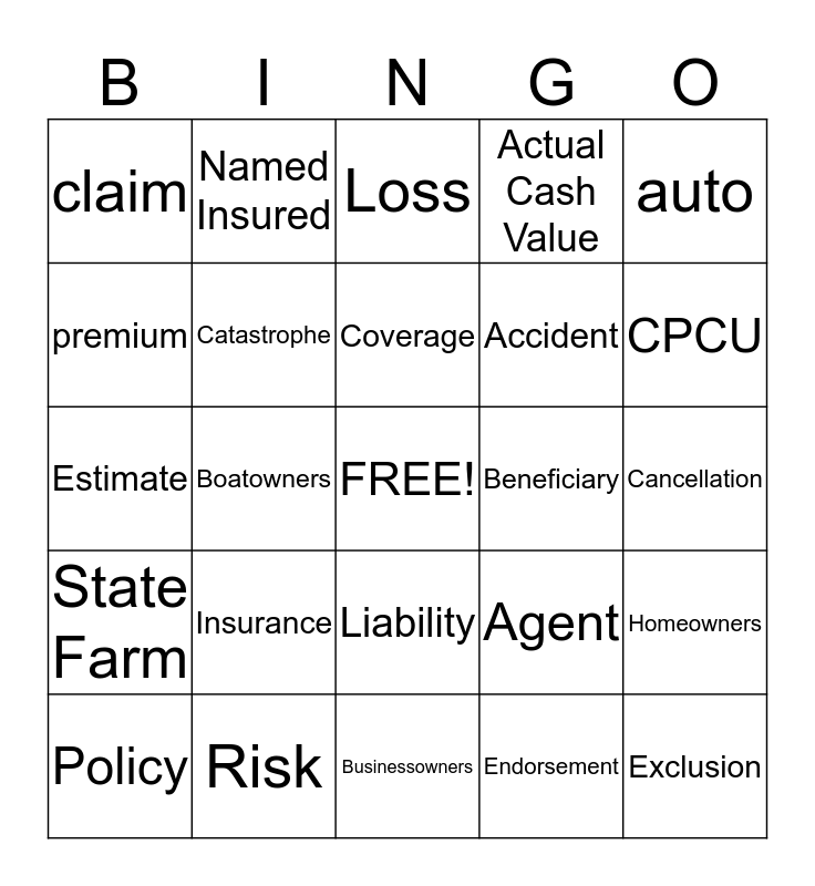 INSURANCE BINGO Card