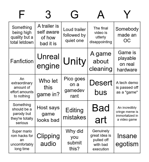 F3 Bingo Card