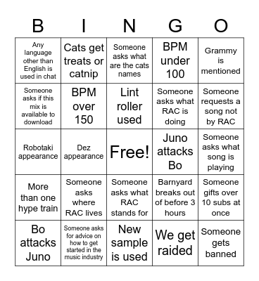 RAC's Livestream Bingo Card