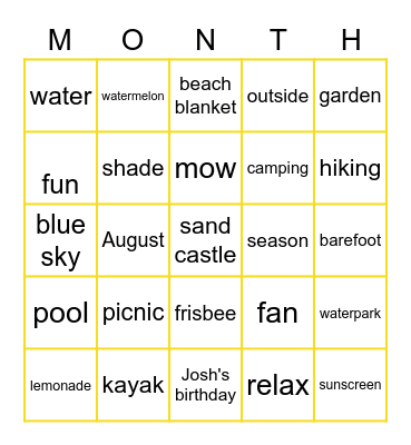 August Bingo Card