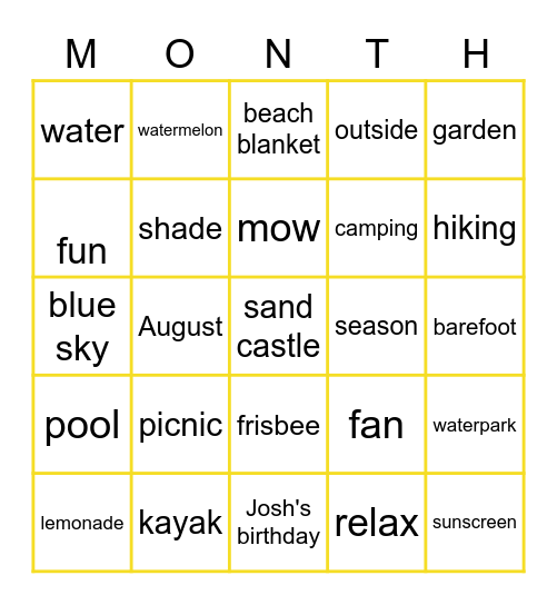August Bingo Card