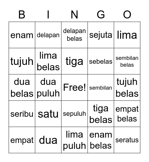 Indonesian Numbers Bingo Card