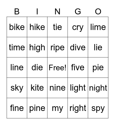 Long I Bingo Card