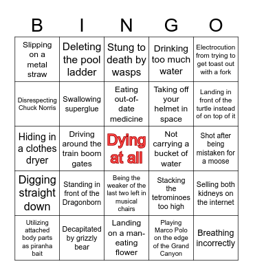 Dumb Ways to Die Bingo Card