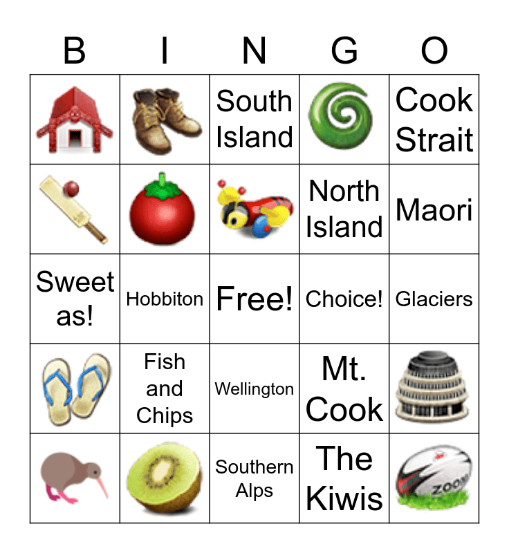 New Zealand Bingo Card