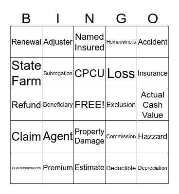 Insurance Bingo Card