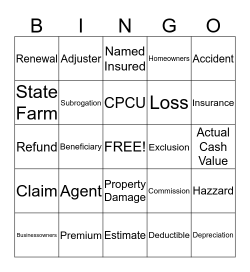 Insurance Bingo Card