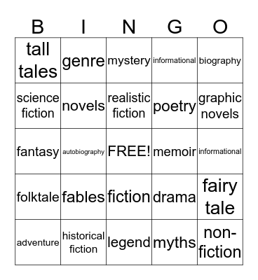 Literary Genre Bingo Card