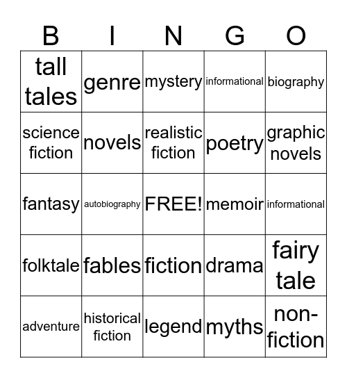 Literary Genre Bingo Card