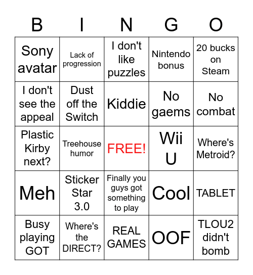 Paper Mario Review Thread Bingo Card